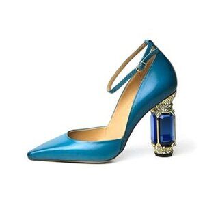 FSJ Women's Comfortable Block High Heels Pointed Toe Rhinestone Pumps